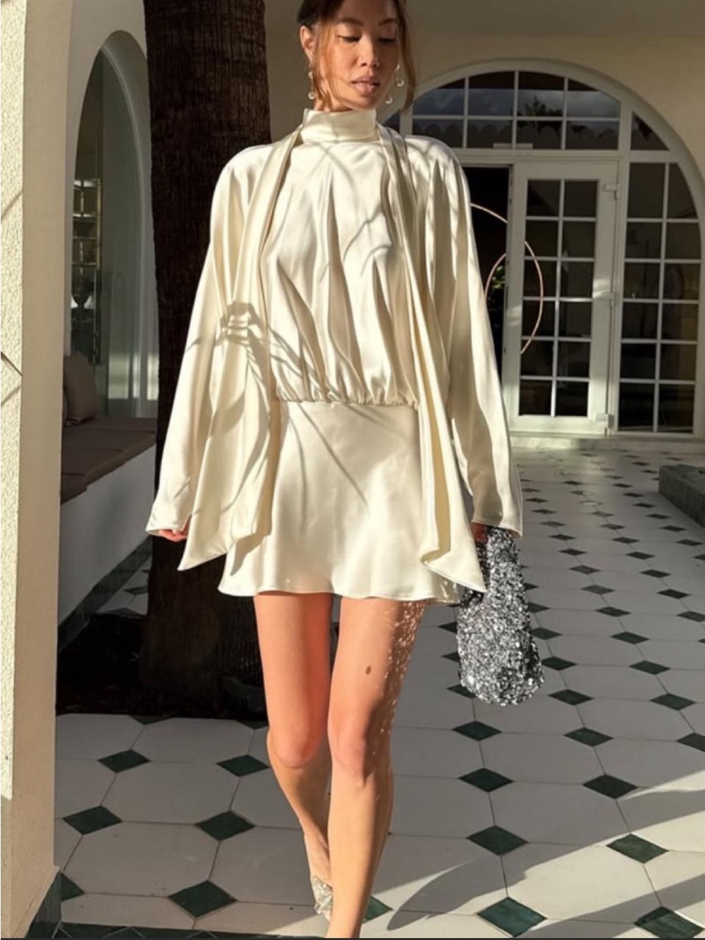 Zara Cream Satin High-Neck Mini Dress - Picture 2 of 11